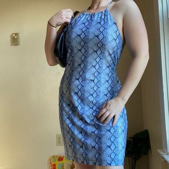 Vintage blue snakeskin print midi halter dress - Picture 5 of 8